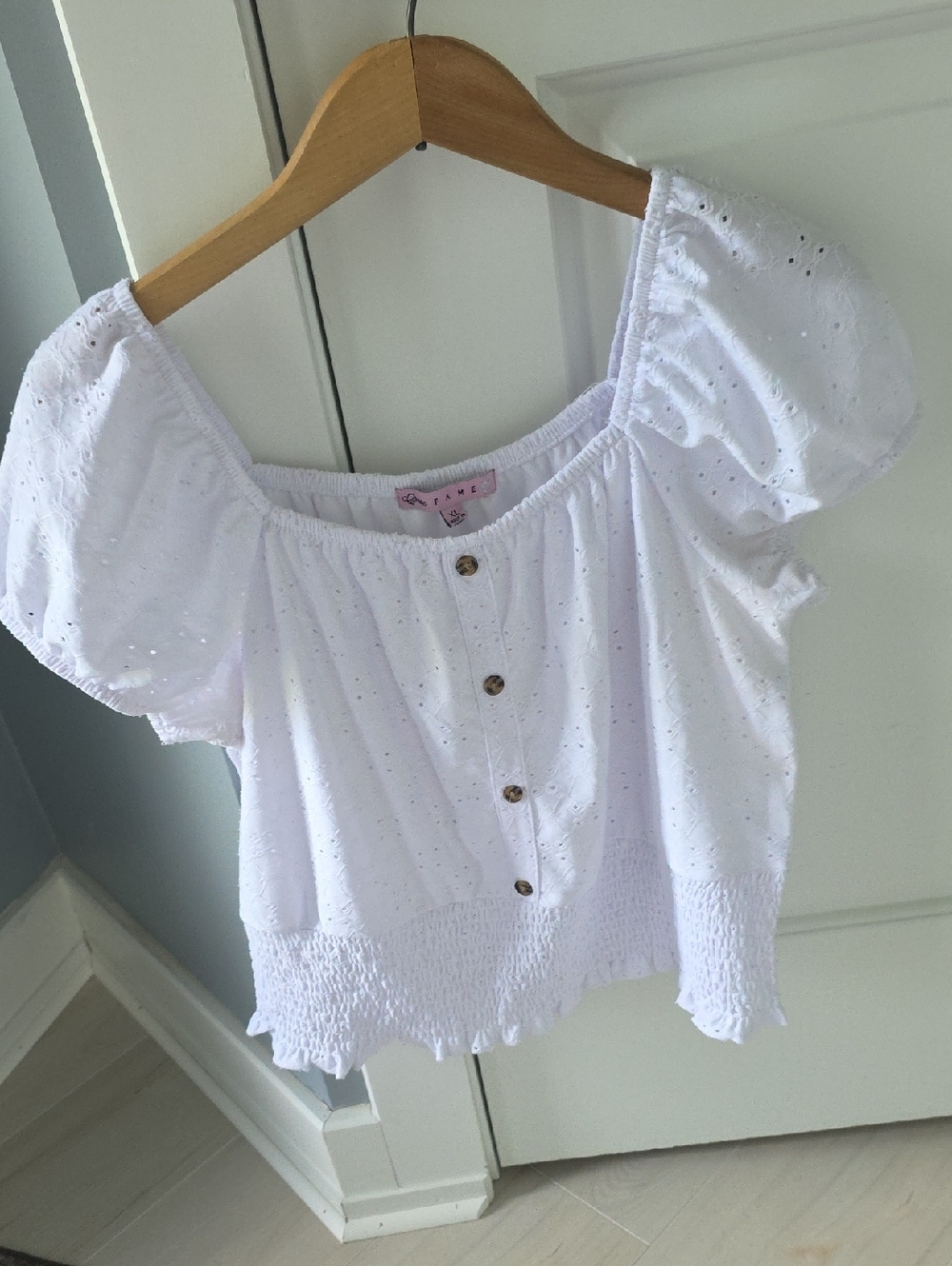 White Eyelet Peasant Top with Button Front